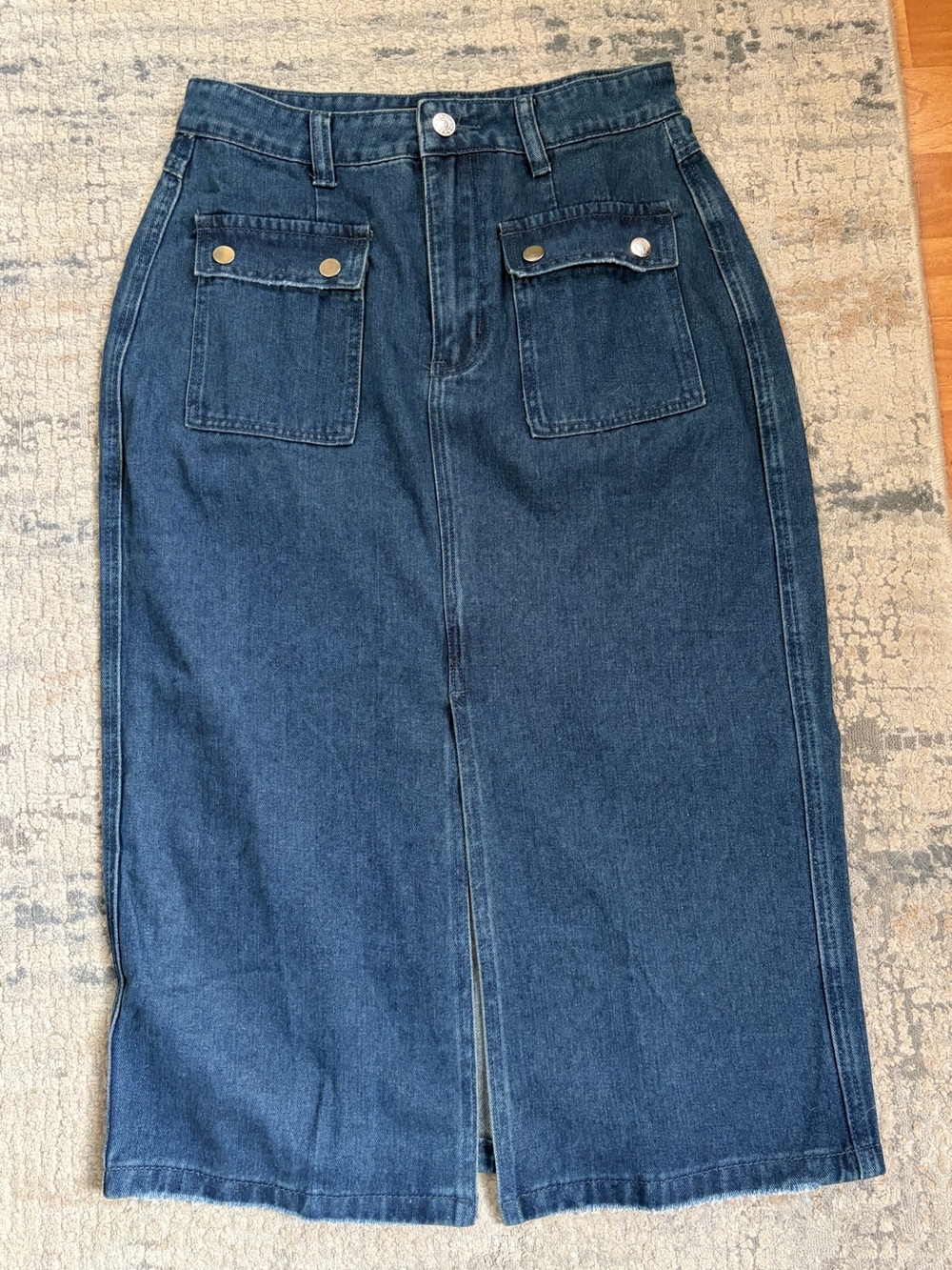 Allegra K Dark Blue Denim Straight Leg Skirt with Front Patch Pockets